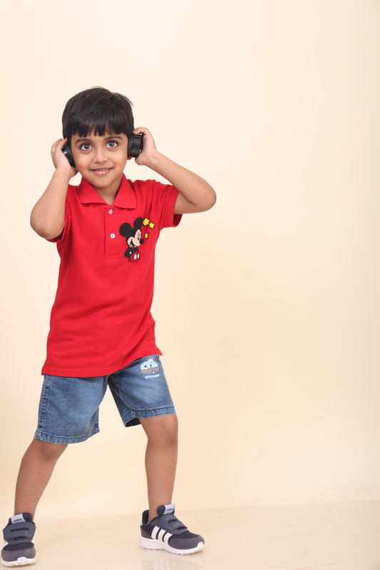 Red Polo T-Shirt With Hand-Made Mickey Mouse Embellishment