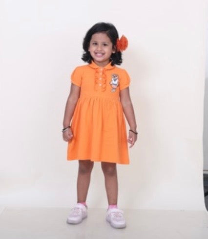 Orange Polo Dress With Gathers At Waist And Hand Embellishment