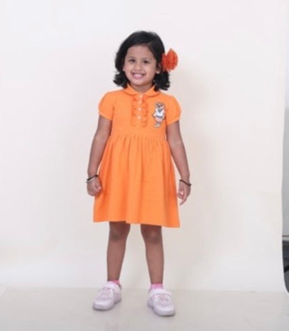 Orange Polo Dress With Drop Waist Silhouette And Daisy Duck Motif