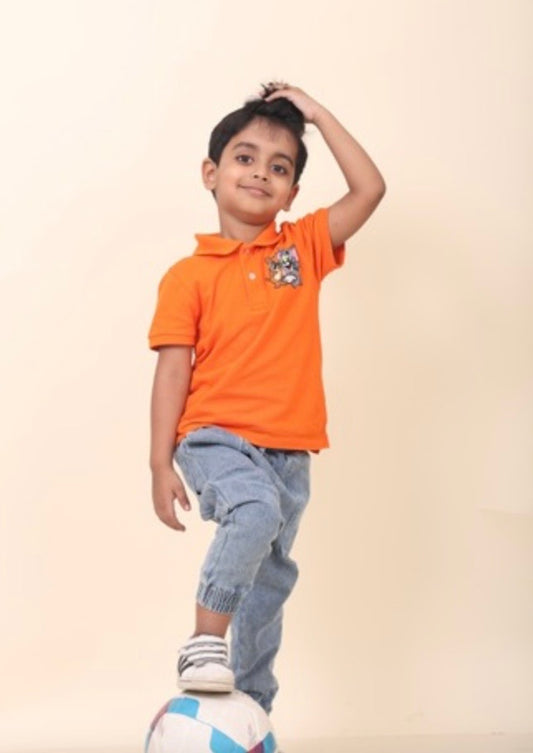 Orange Polo T-Shirt With Hand-Made Tom & Jerry Embellishment