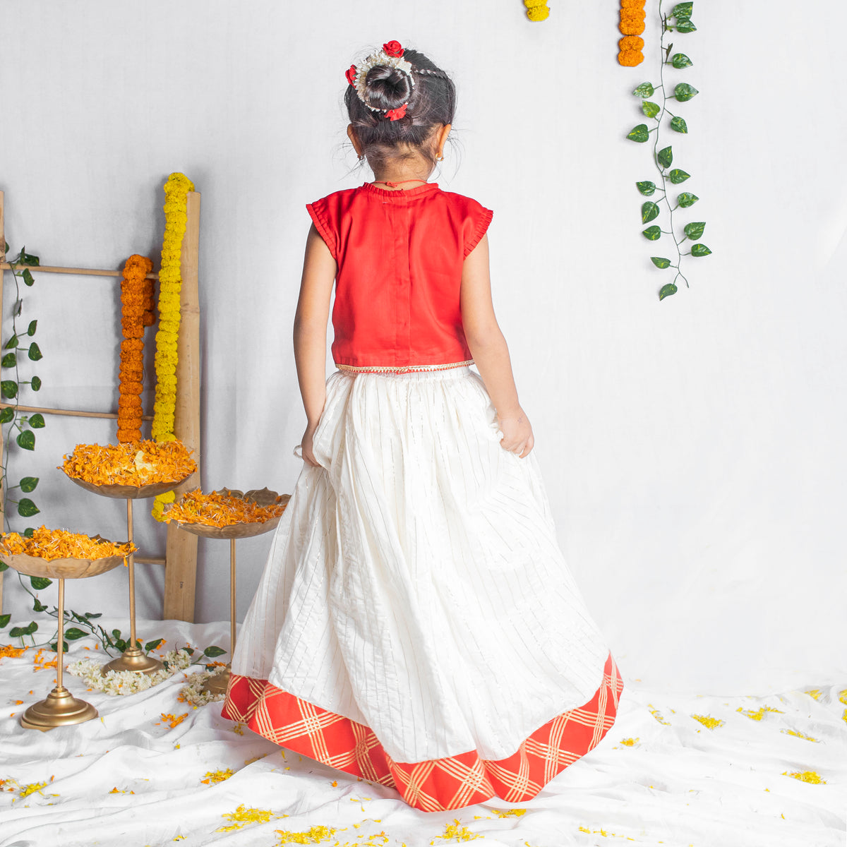 Kamala Devi Embroidered Lehenga Set for Girls - Red & White