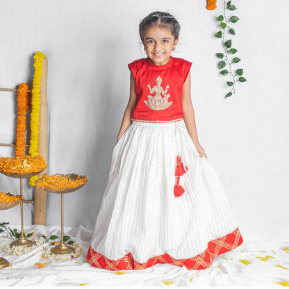 Kamala Devi Embroidered Lehenga Set for Girls - Red & White