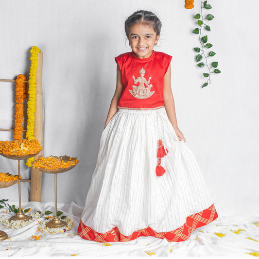 Kamala Devi Embroidered Lehenga Set for Girls - Red & White