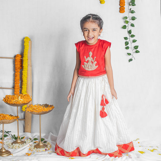 Kamala Devi Embroidered Lehenga Set for Girls - Red & White