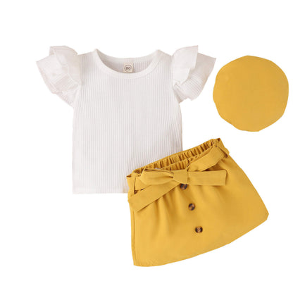 Baby Girl 2-Piece Floral Suspender Skirt With Top Set – Yellow