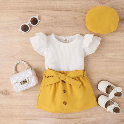 Baby Girl 2-Piece Floral Suspender Skirt With Top Set – Yellow