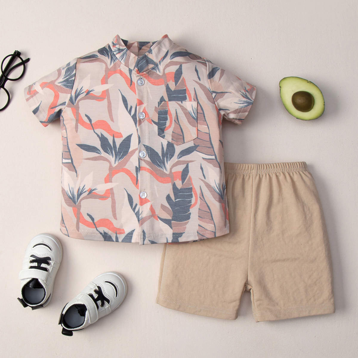 Baby Boy Leaf Printed Shirt With Shorts Set – Brown