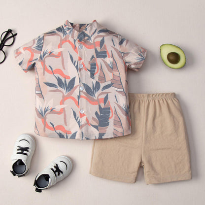 Baby Boy Leaf Printed Shirt With Shorts Set – Brown