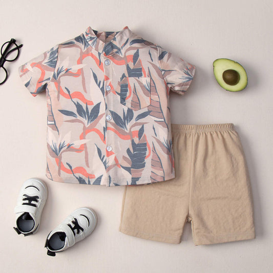 Baby Boy Leaf Printed Shirt With Shorts Set – Brown