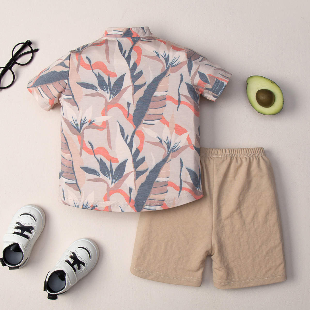 Baby Boy Leaf Printed Shirt With Shorts Set – Brown