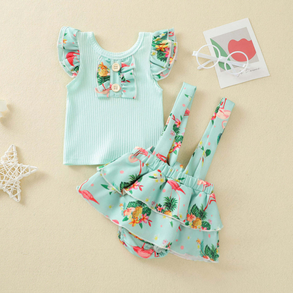 Baby Girl 2-Piece Floral Suspender Skirt With Top Set – Green