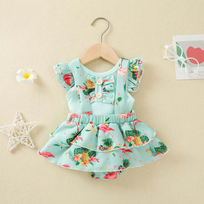 Baby Girl 2-Piece Floral Suspender Skirt With Top Set – Green