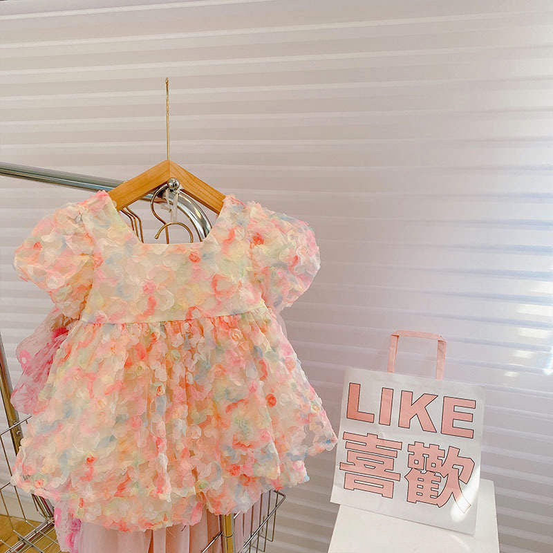 Baby Girl Cute 3D Flower Puff Sleeves Dress – Pink