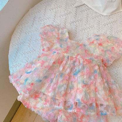 Baby Girl Cute 3D Flower Puff Sleeves Dress – Pink