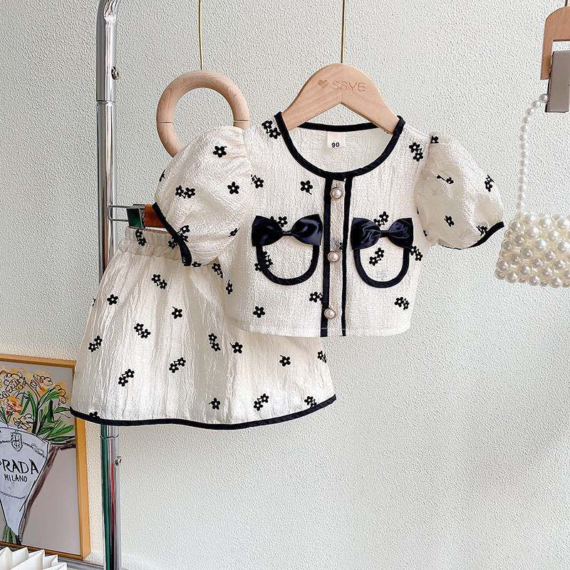 Girl bow pocket 2pc skirt set White for kids