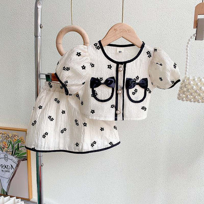 Girl bow pocket 2pc skirt set White for kids