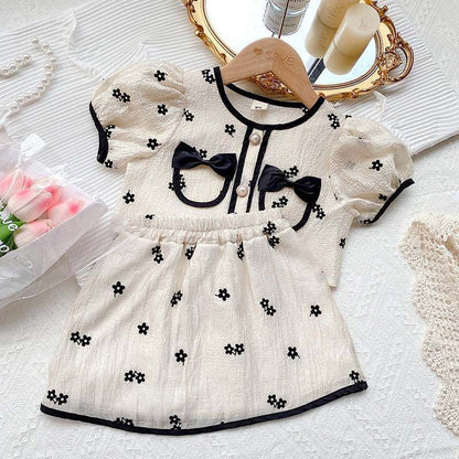 Girl bow pocket 2pc skirt set White for kids