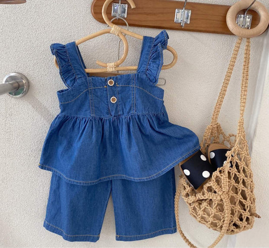 Baby Girl Backless Shirt And Jeans Clothing Set – Blue