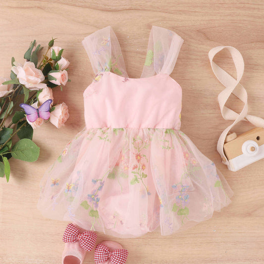 Girls' Embroidered Floral Mesh Princess Dress – Pink