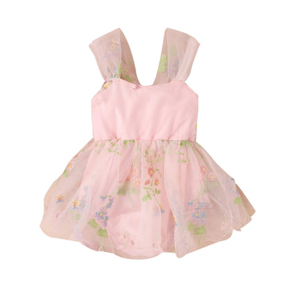 Girls' Embroidered Floral Mesh Princess Dress – Pink