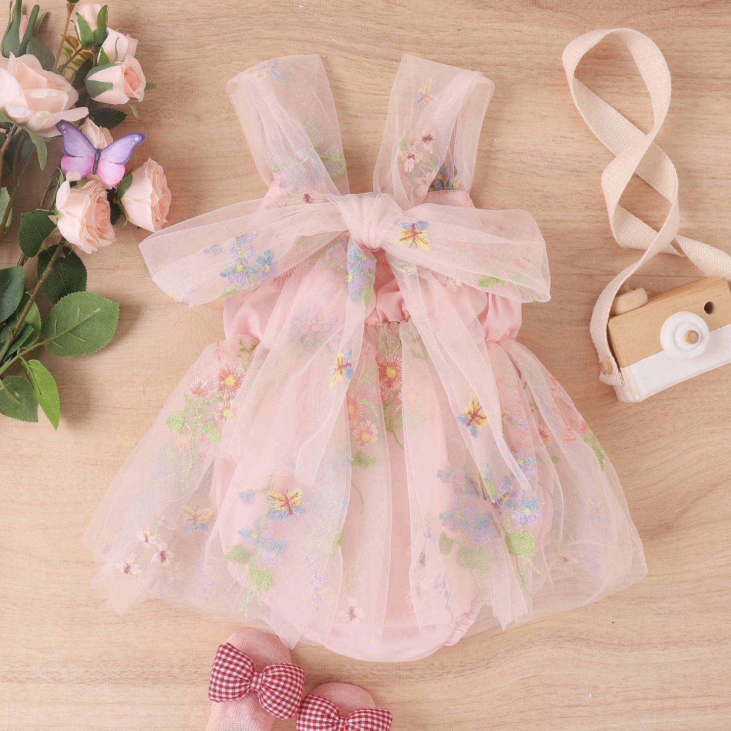 Girls' Embroidered Floral Mesh Princess Dress – Pink