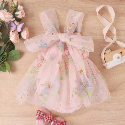 Girls' Embroidered Floral Mesh Princess Dress – Pink
