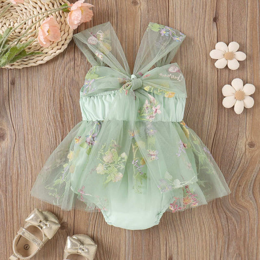 Girls' Embroidered Floral Mesh Princess Dress – Green