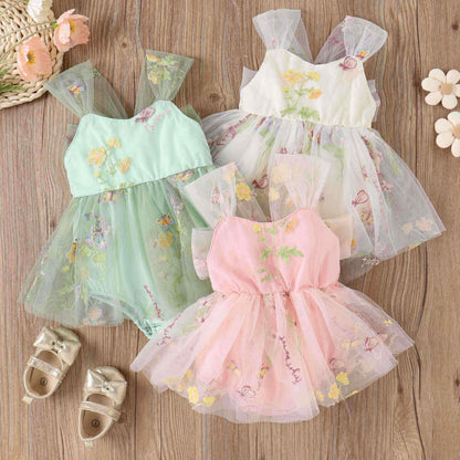 Girls' Embroidered Floral Mesh Princess Dress – Green