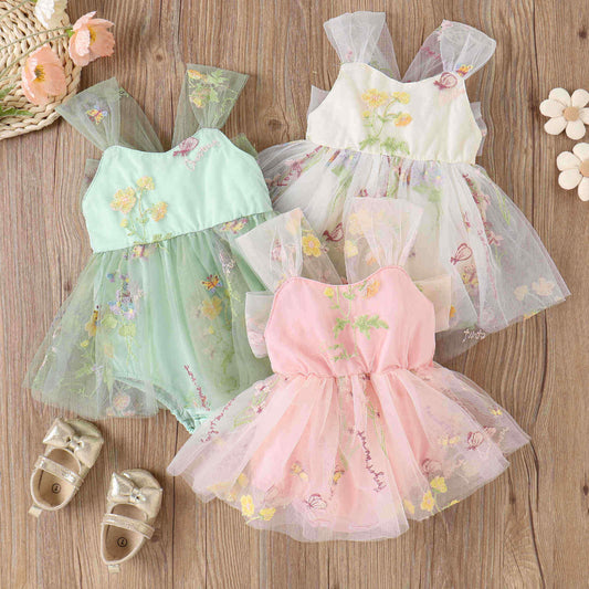 Girls' Embroidered Floral Mesh Princess Dress – Green