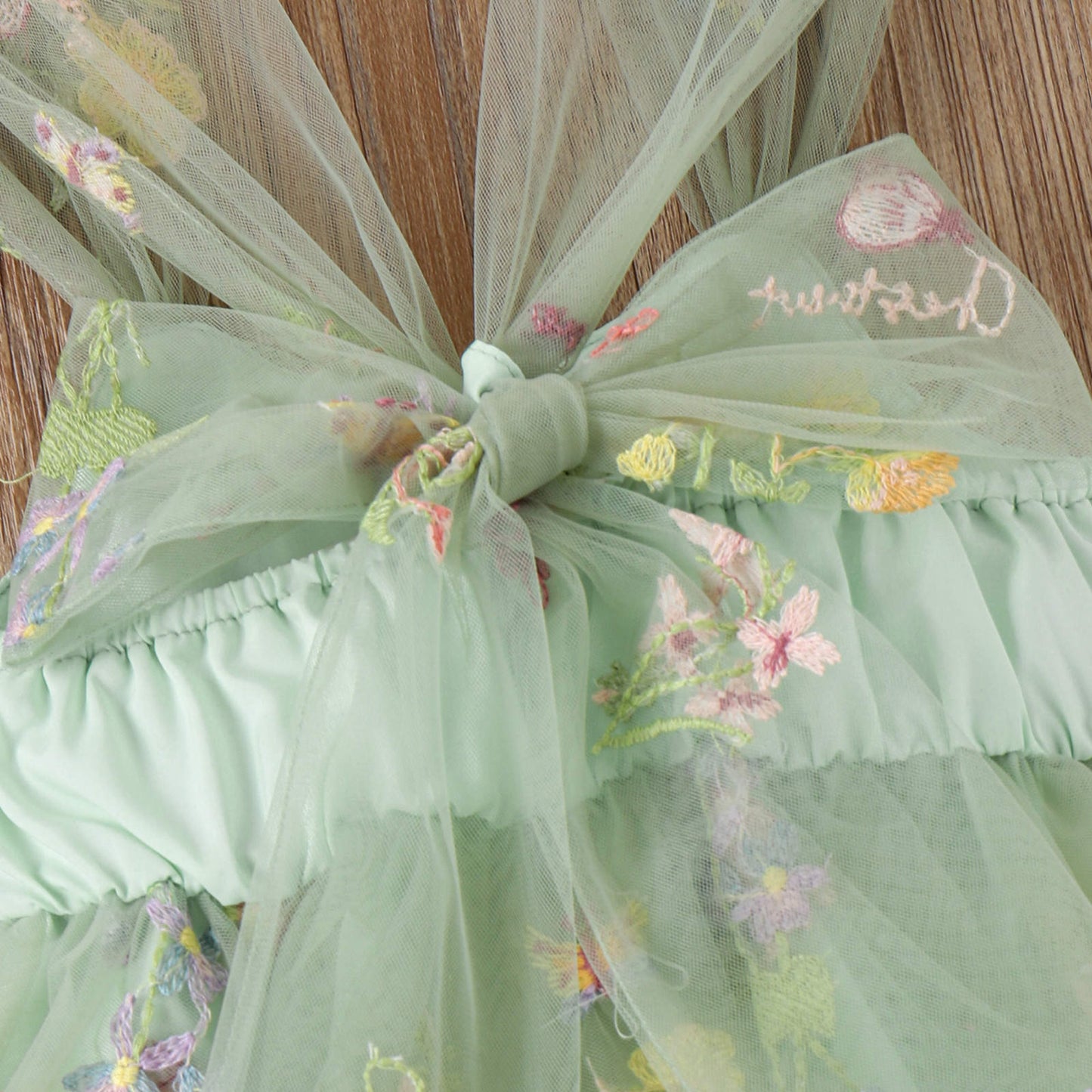 Girls' Embroidered Floral Mesh Princess Dress – Green