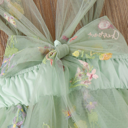Girls' Embroidered Floral Mesh Princess Dress – Green