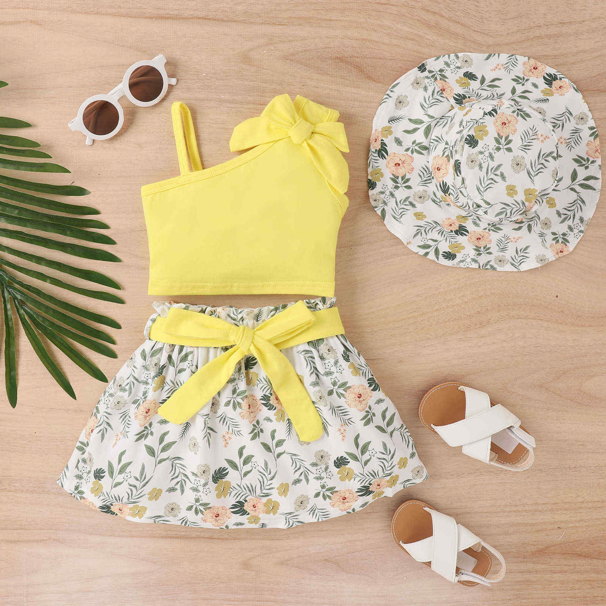 Baby Girl One Shoulder Tank Top Floral Skirt With Hat Set – Yellow