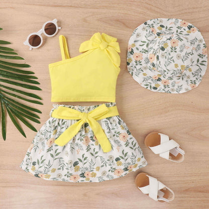 Baby Girl One Shoulder Tank Top Floral Skirt With Hat Set – Yellow