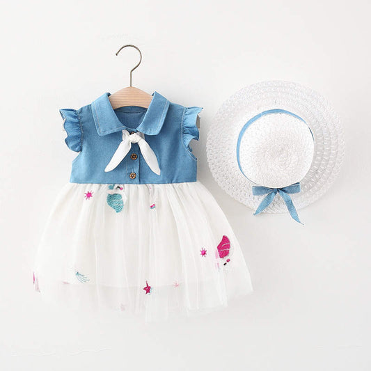 half denim half net casual frock with matching hat