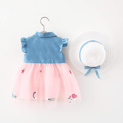 Baby girl half denim half net casual frock with matching hat