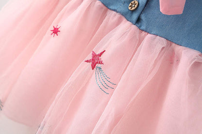 Baby girl half denim half net casual frock with matching hat