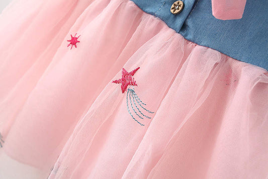 half denim half net casual frock with matching hat