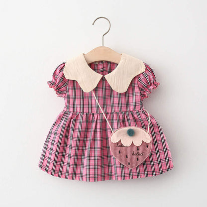 check frock with strawberry sling Pink Dresses for kids