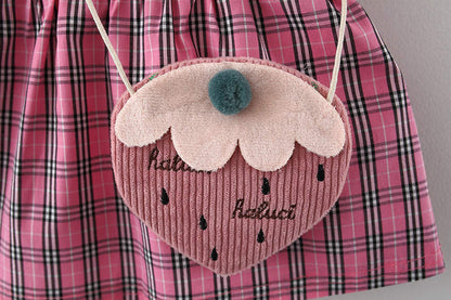 check frock with strawberry sling Pink Dresses for kids