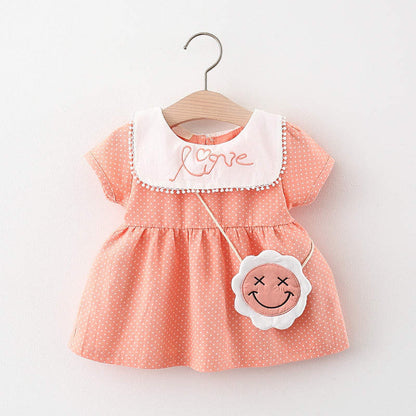 love printed frock with sunflower sling Orange Dresses for kids