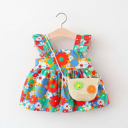 Baby Girl Fruit Frock With Matching Straw Purse - Multicolor