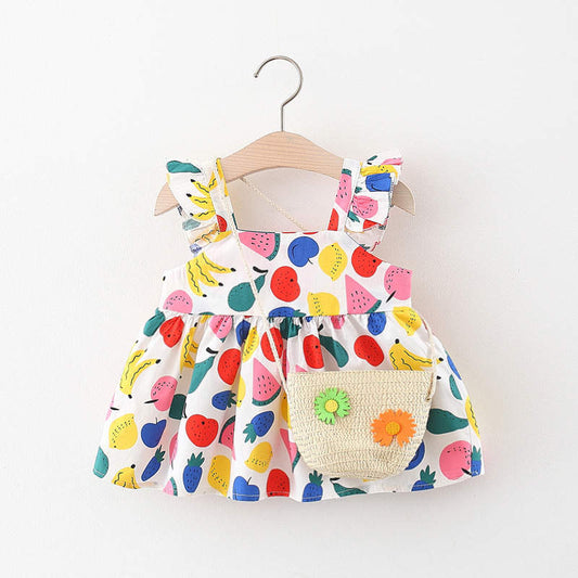 Baby Girl Fruit Frock With Matching Straw Purse - Multicolor