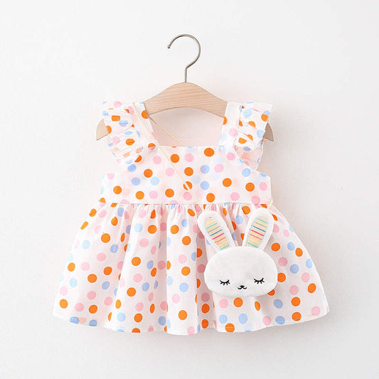 Baby girl polka dot frock with rabbit purse Multicolor Dress for kids