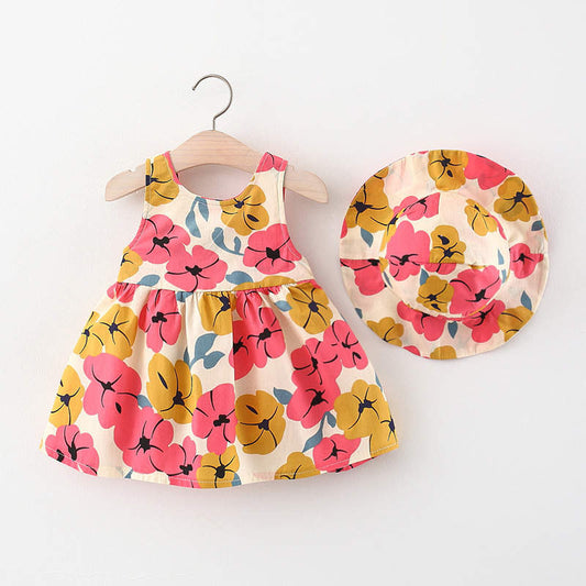 Girls' Floral Dress with Bucket Hat – Pink