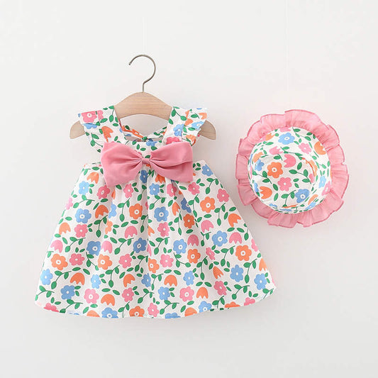 Baby Girl Casual Frock With Lace Hat - Multicolor