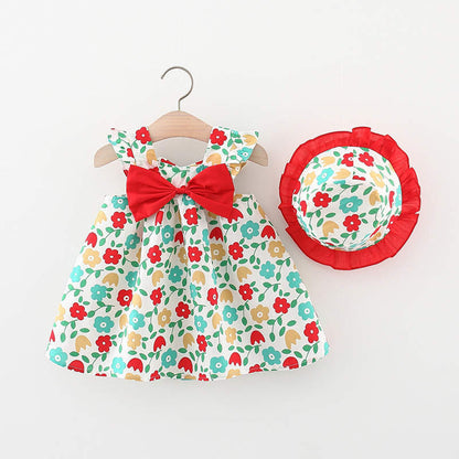 Baby Girl Casual Frock With Lace Hat - Multicolor