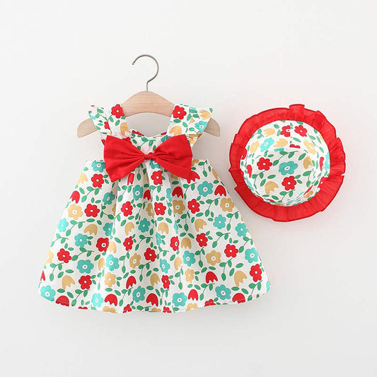 Baby Girl Casual Frock With Lace Hat - Multicolor