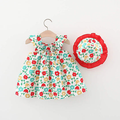 Baby Girl Casual Frock With Lace Hat - Multicolor