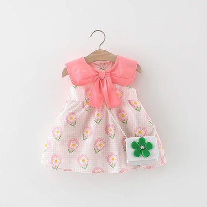 bow colour casual frock with purse Orange Dresses for kids