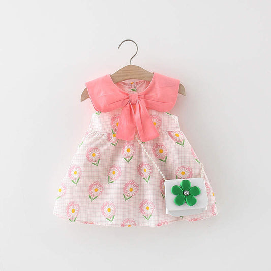 bow colour casual frock with purse Orange Dresses for kids
